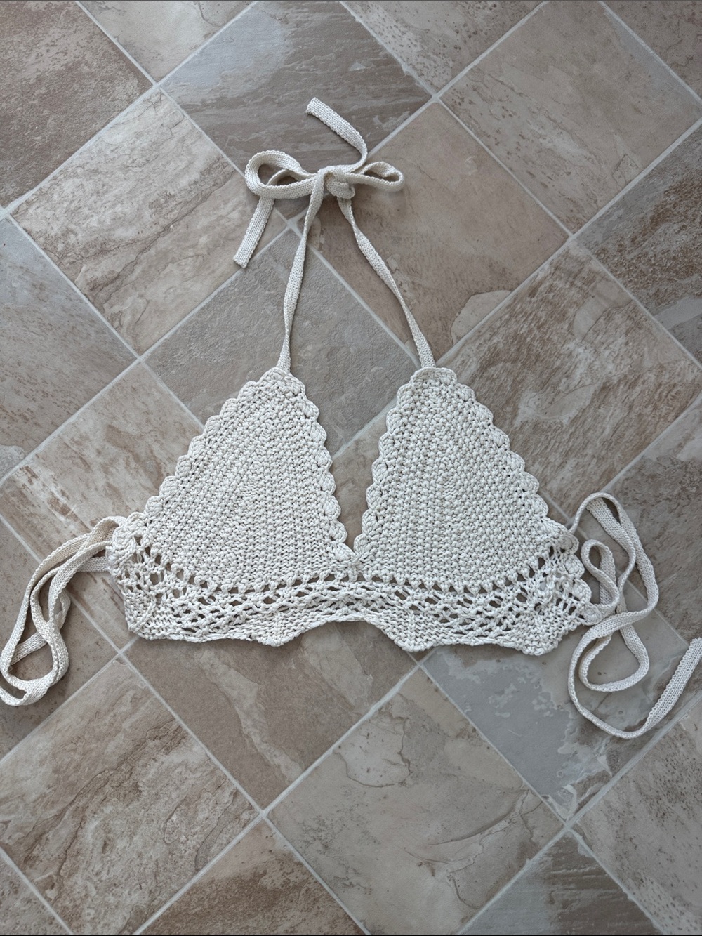 Crochet Triangle Bikini Top - Cream